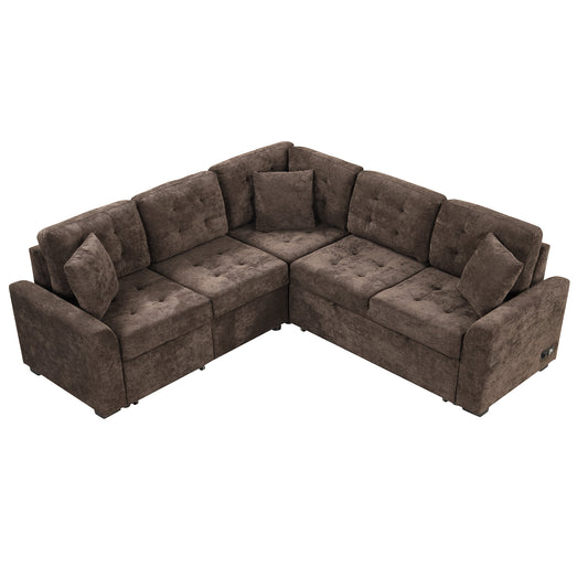 Tufted brown fabric sectional sofa with plush cushions and elegant button detailing