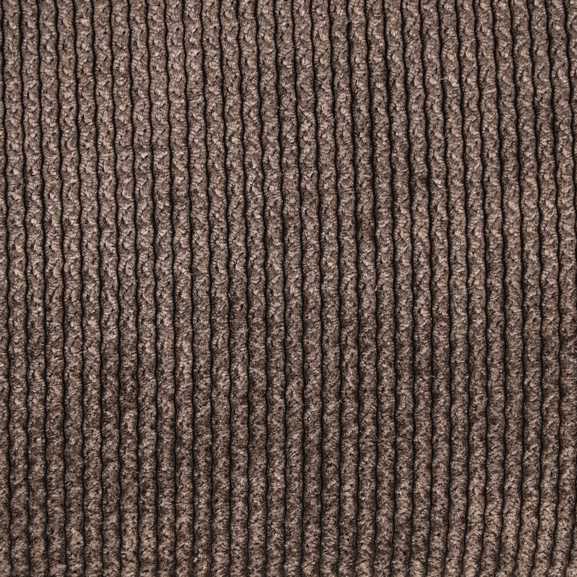 Closeup of textured brown chenille fabric with vertical ribbed pattern for upholstery