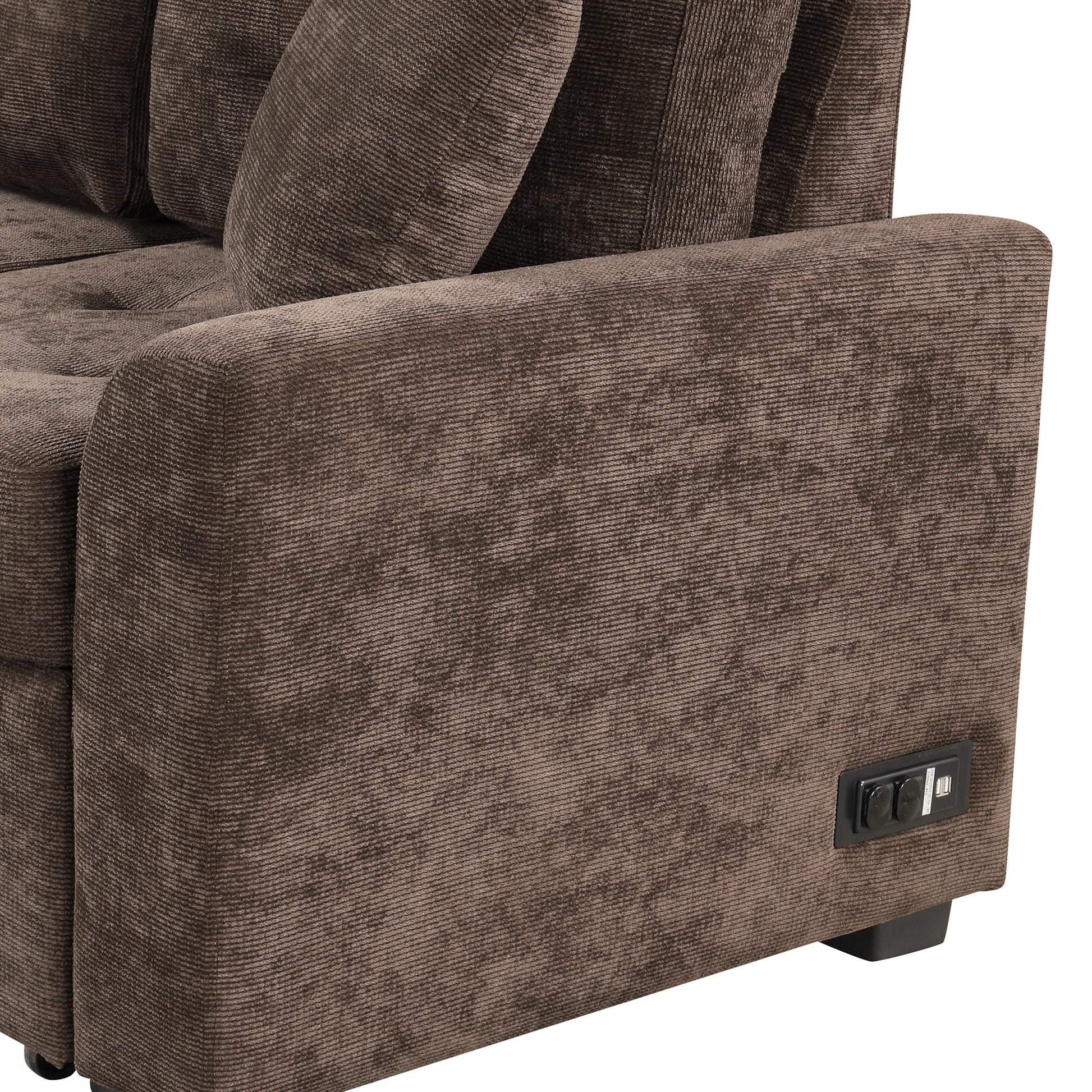 Brown corduroy sofa armrest with builtin USB and power outlets