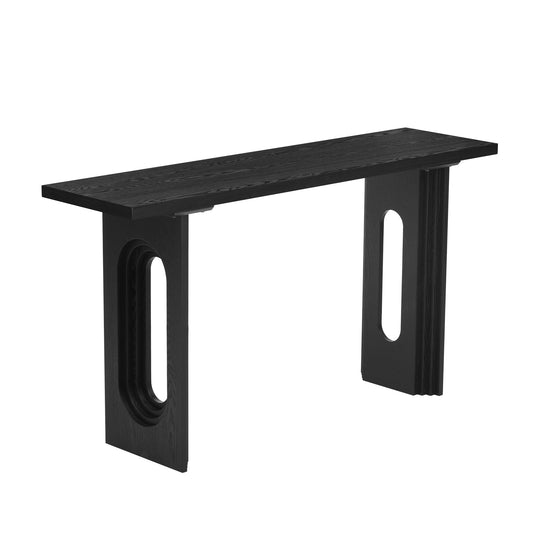 Sleek black wood console table with cutout oval legs for modern entryways