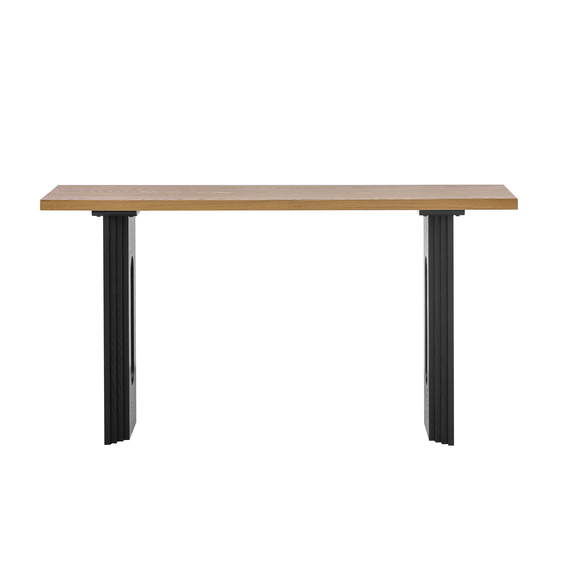 Oak wood console table with striking black carved legs and open vertical detail