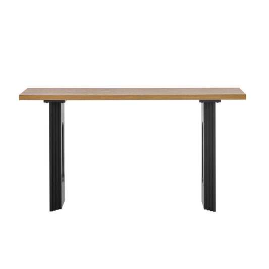 Oak wood console table with striking black carved legs and open vertical detail
