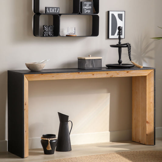 Rustic black and wood console table with decorative accents