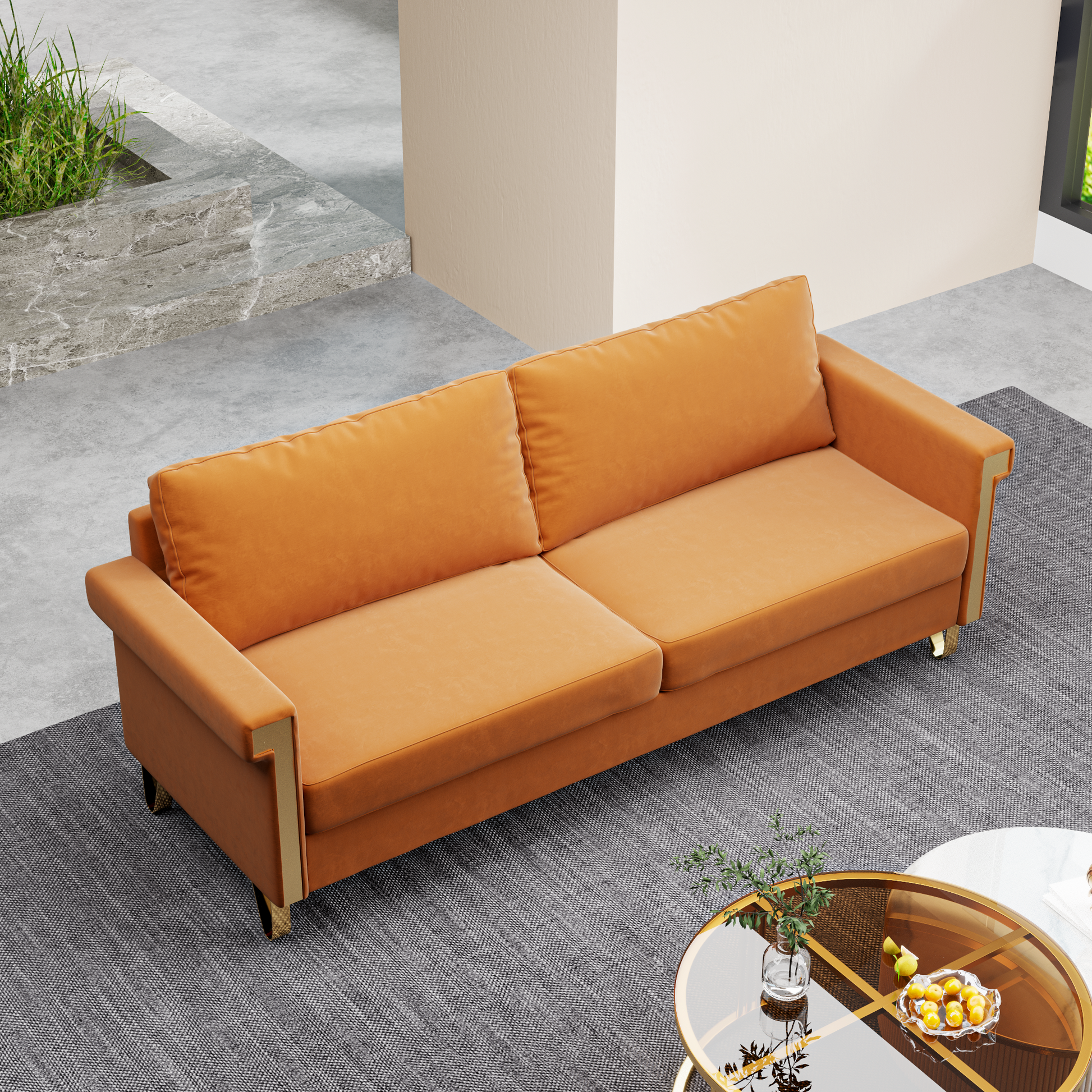 Orange velvet sofa with gold accents and plush cushions for modern living rooms