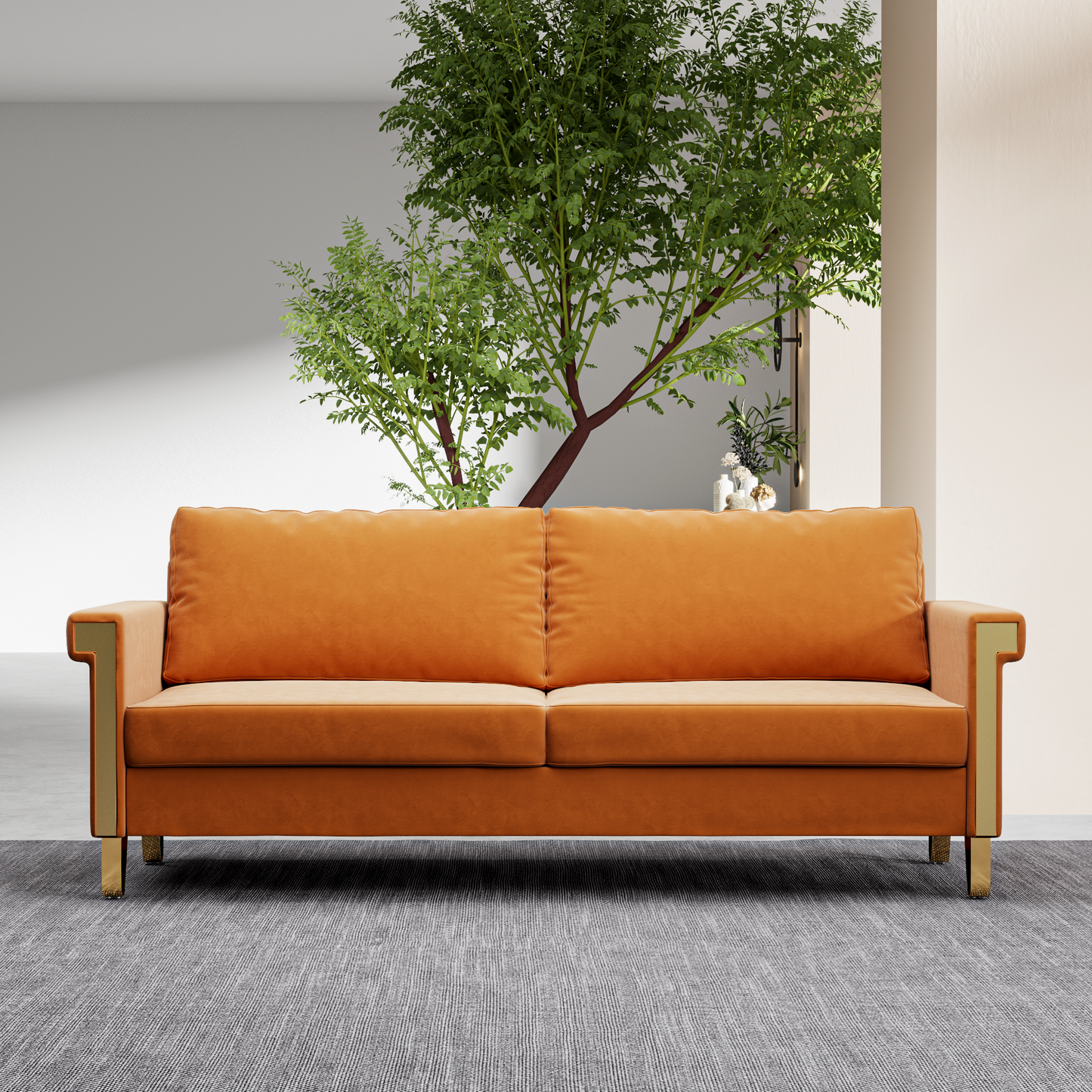 Orange velvet sofa with gold accents modern living room style