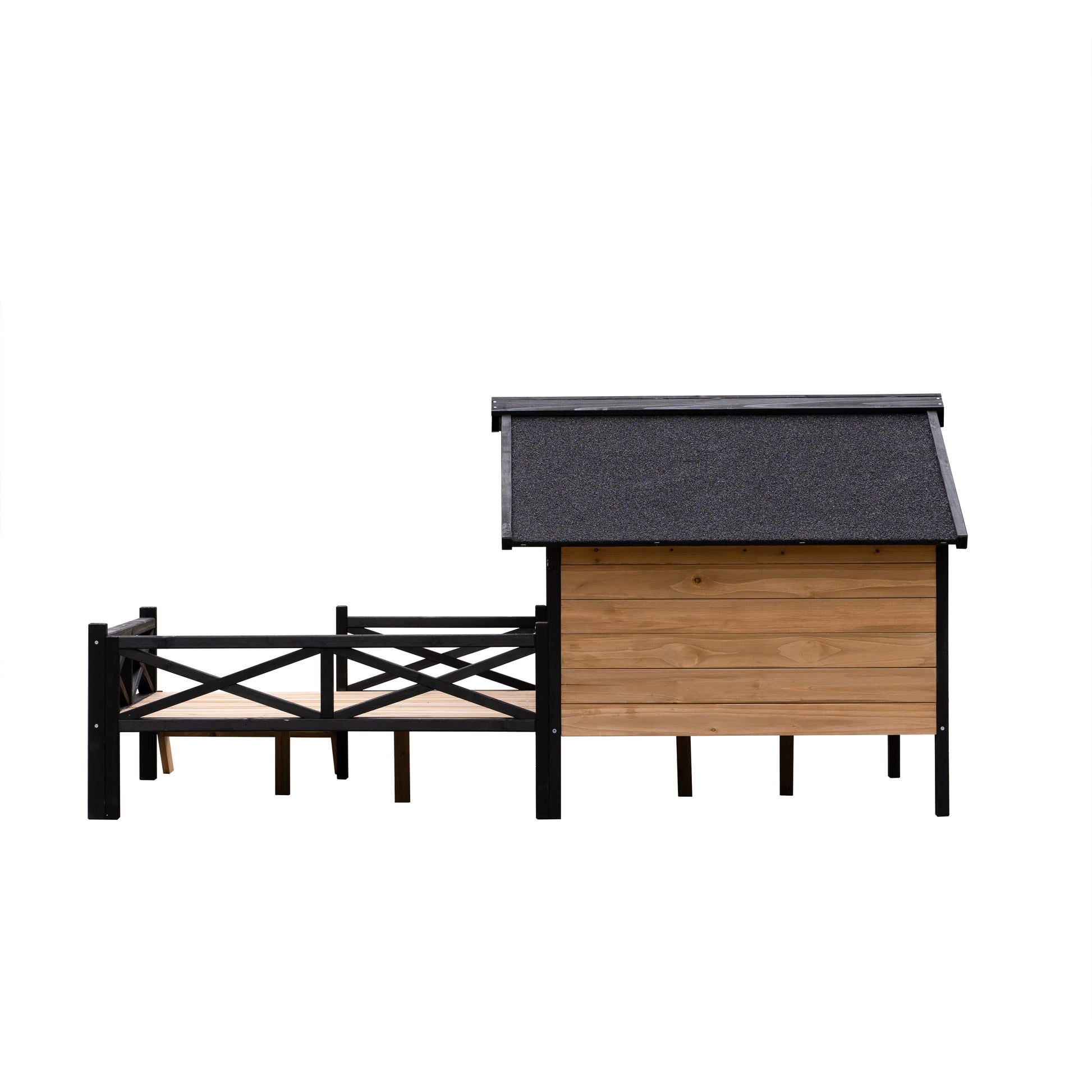 Wooden coop with attached outdoor run featuring a dark asphalt shingle roof and black railing
