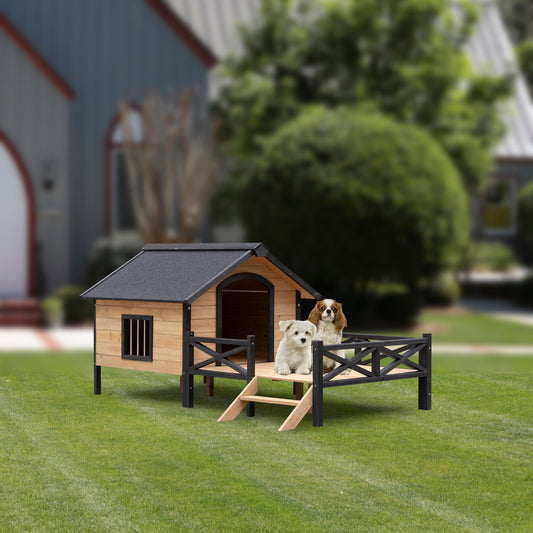 Wooden dog house with enclosed deck and two dogs