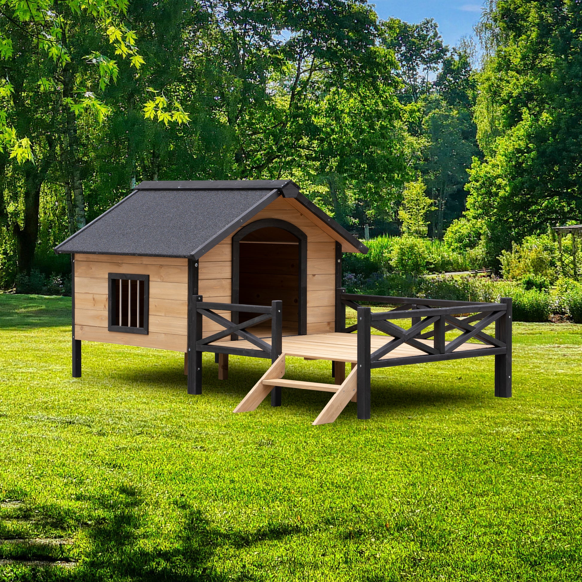 Elevated wooden dog house with black trim deck and stairs ideal for outdoor pets