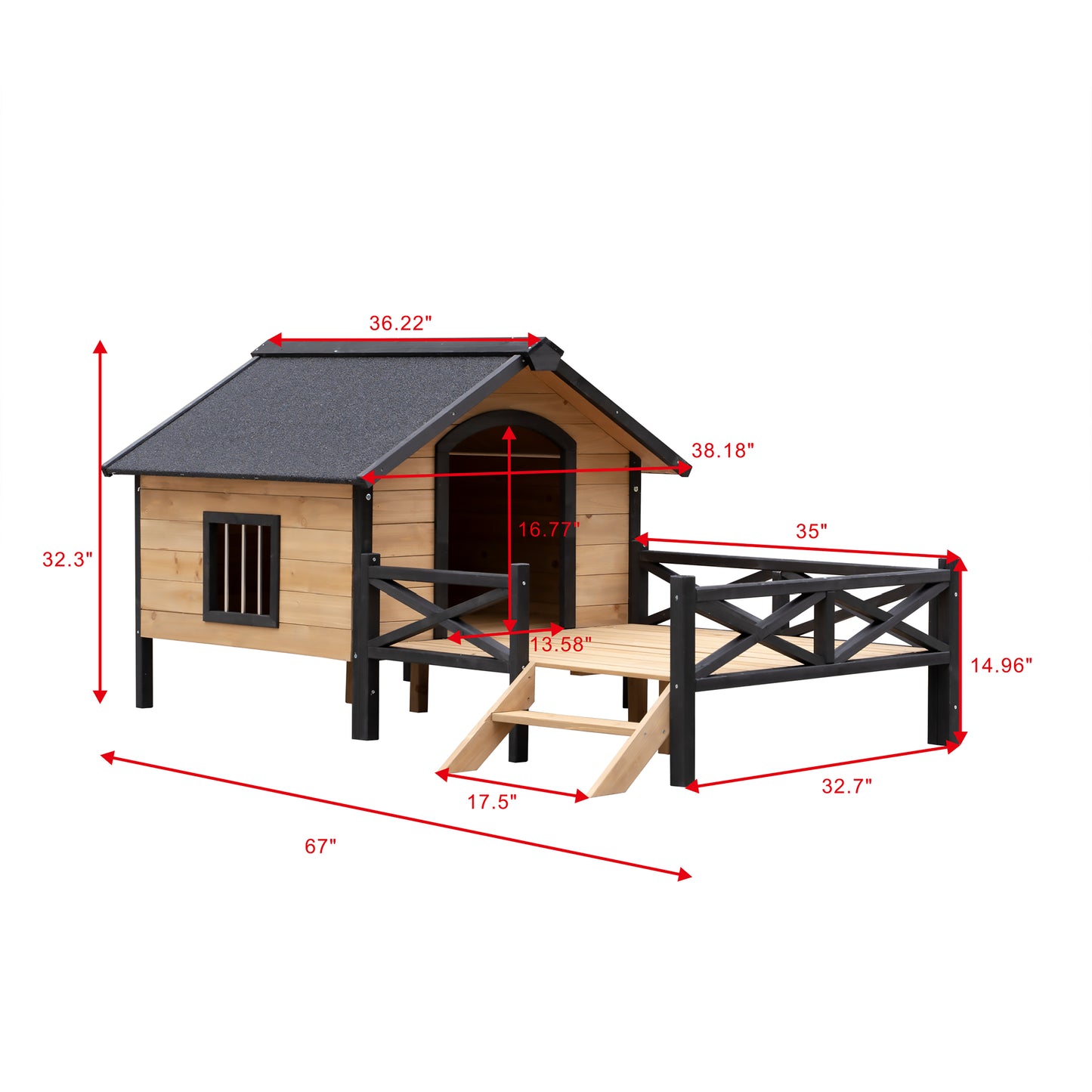 Wooden dog house with black trim and attached deck perfect for outdoor pets