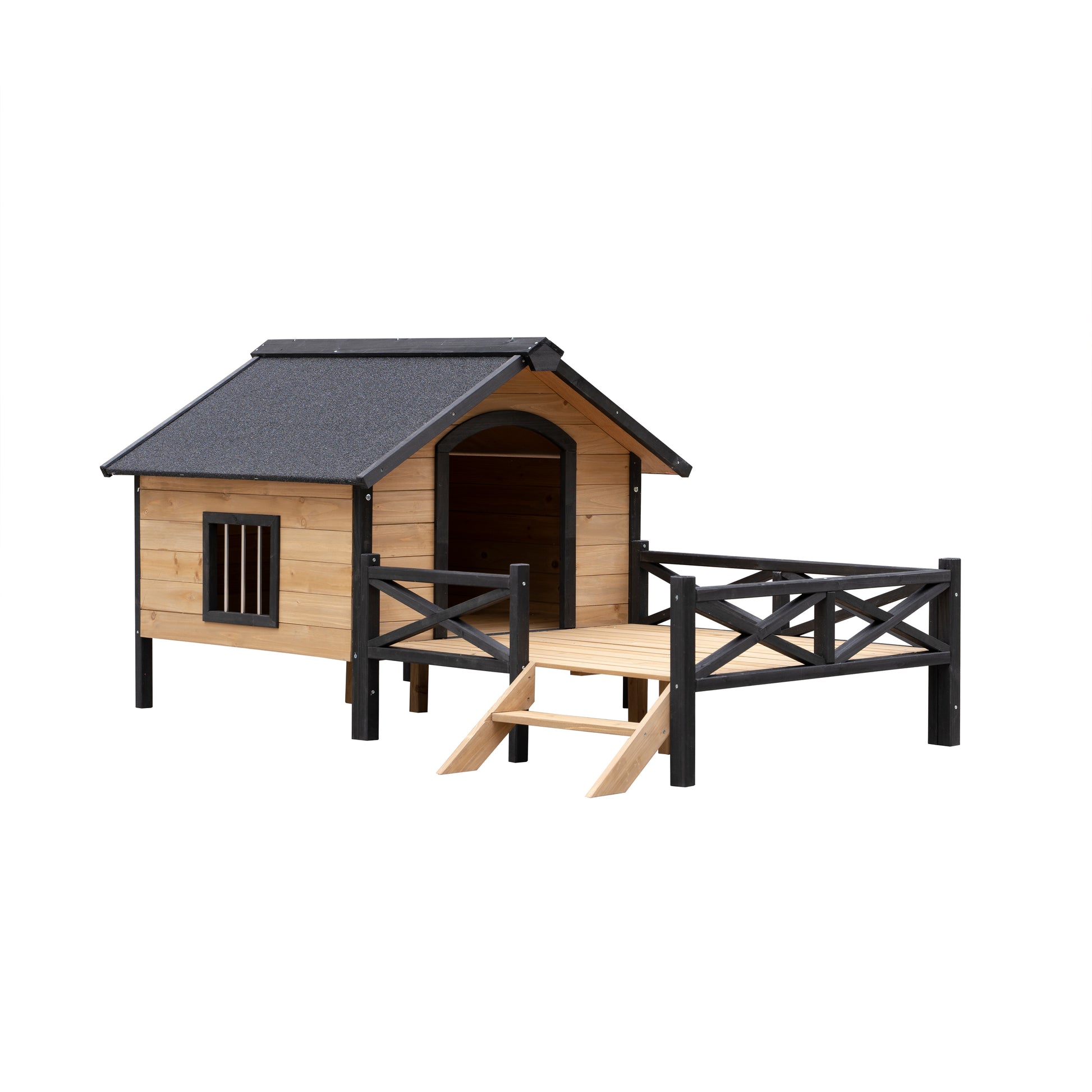 Wooden outdoor pet house with elevated deck and stairs