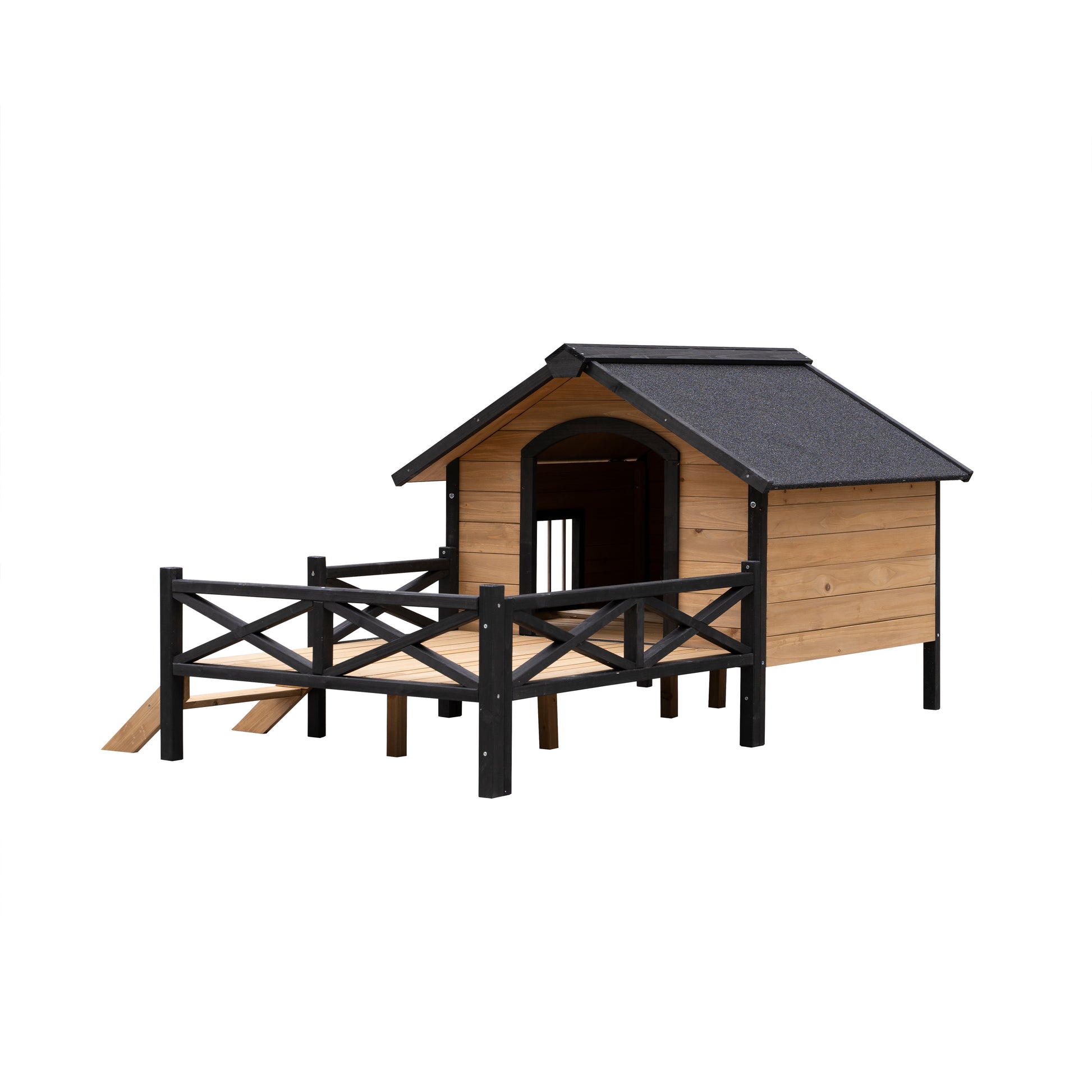 Wooden dog house with black trim and railing featuring a ramp and elevated platform