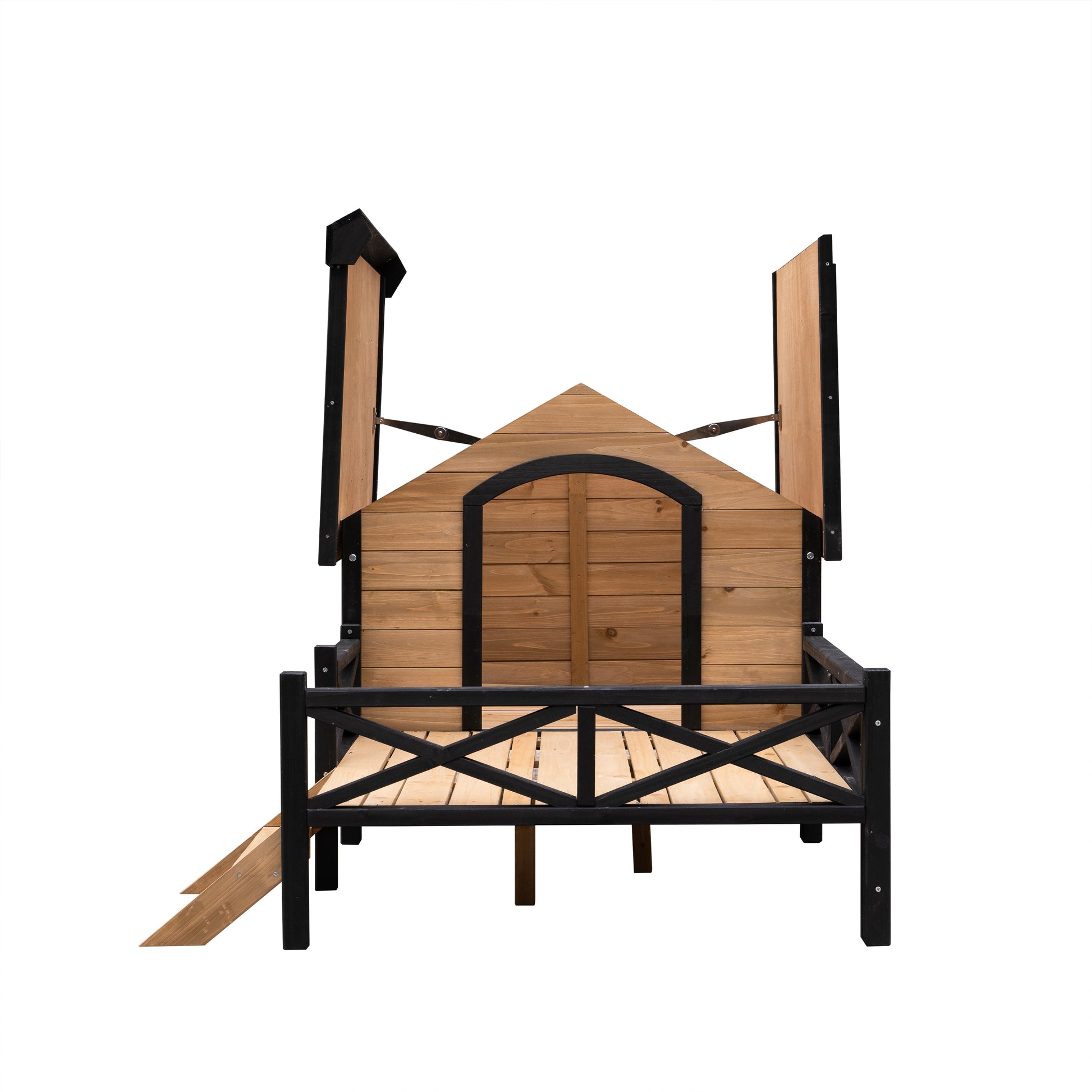 Wooden coop with black trim and ramp ideal for backyard chickens