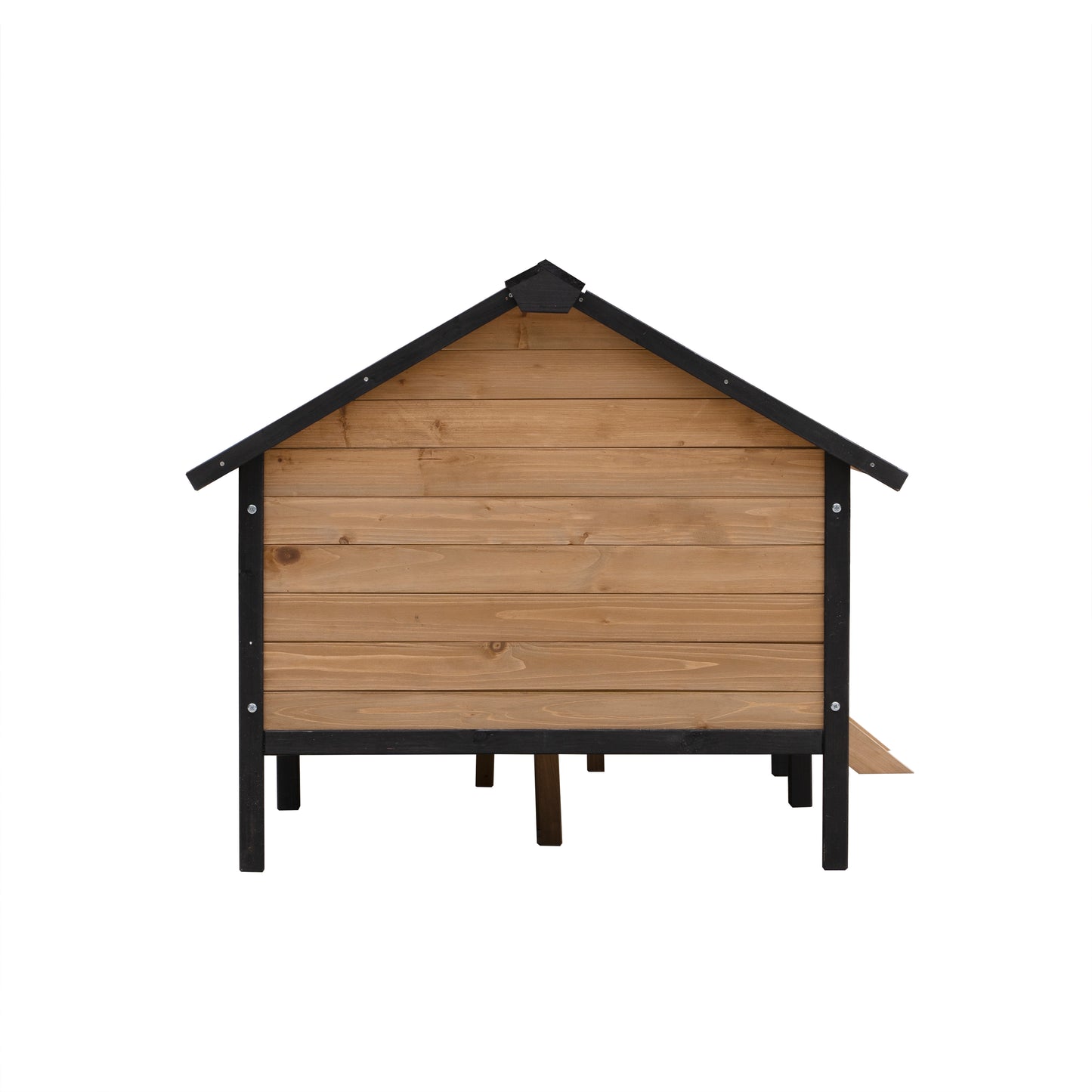 Natural wood chicken coop with black trim and peaked roof