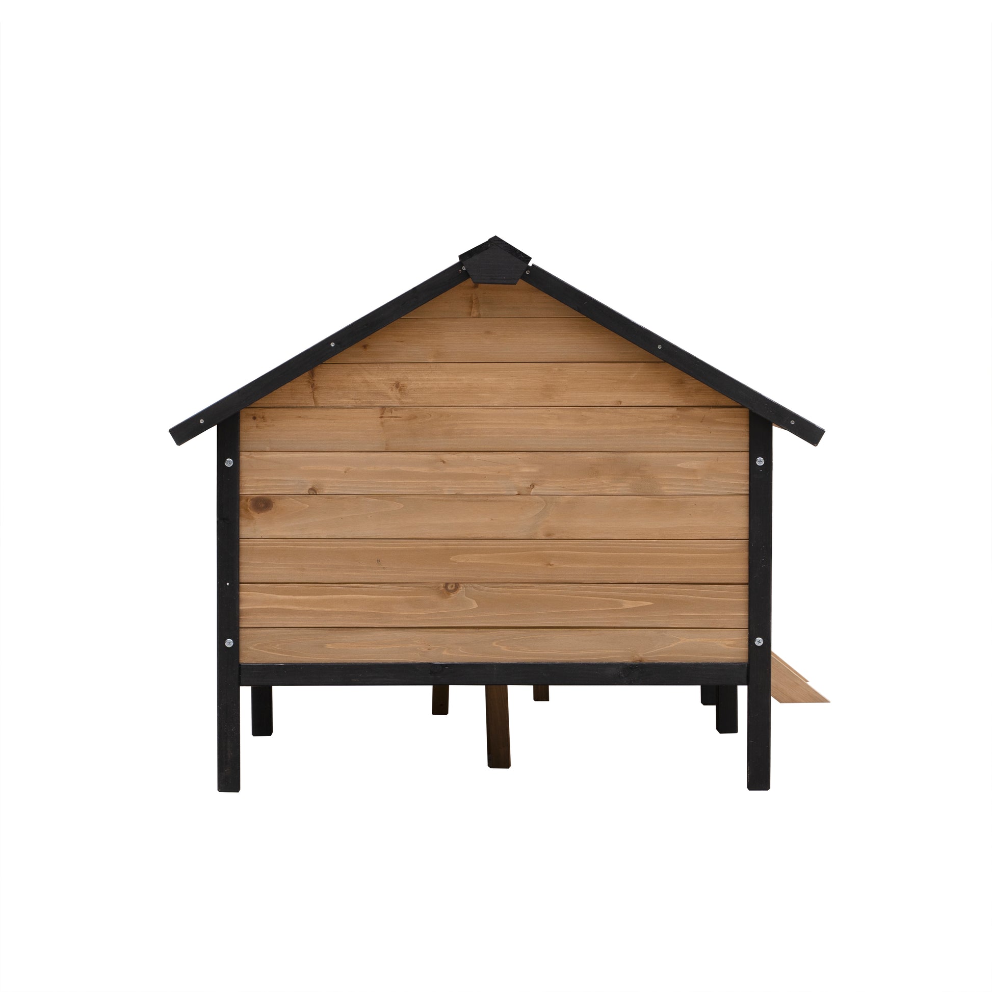 Natural wood chicken coop with black trim and peaked roof