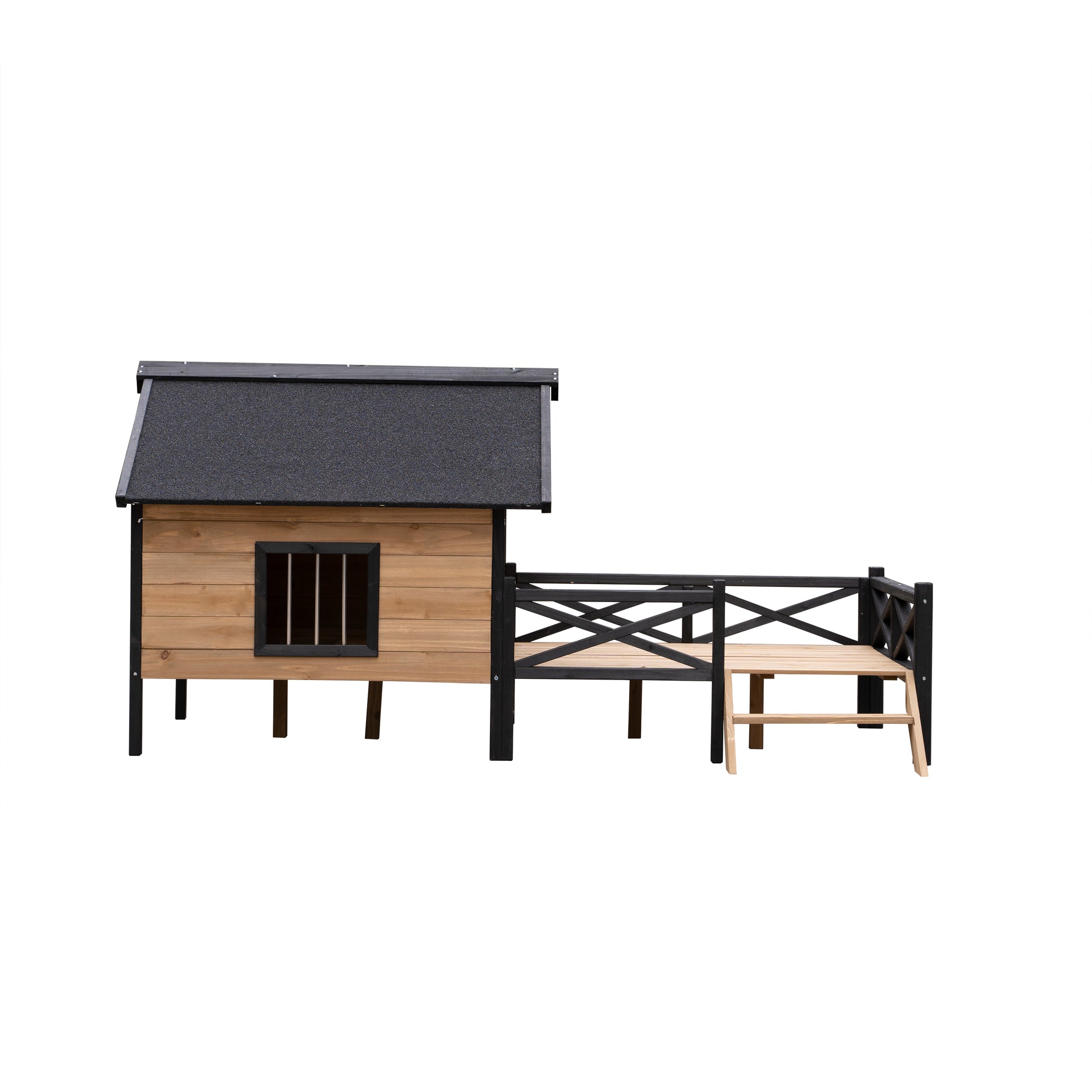 Wooden pet house with attached elevated deck and black railings
