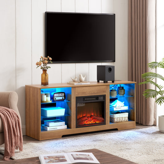 Wooden media console with electric fireplace and blue LED lighting