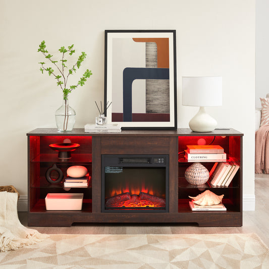 Dark wood media console with electric fireplace and red ambient lighting