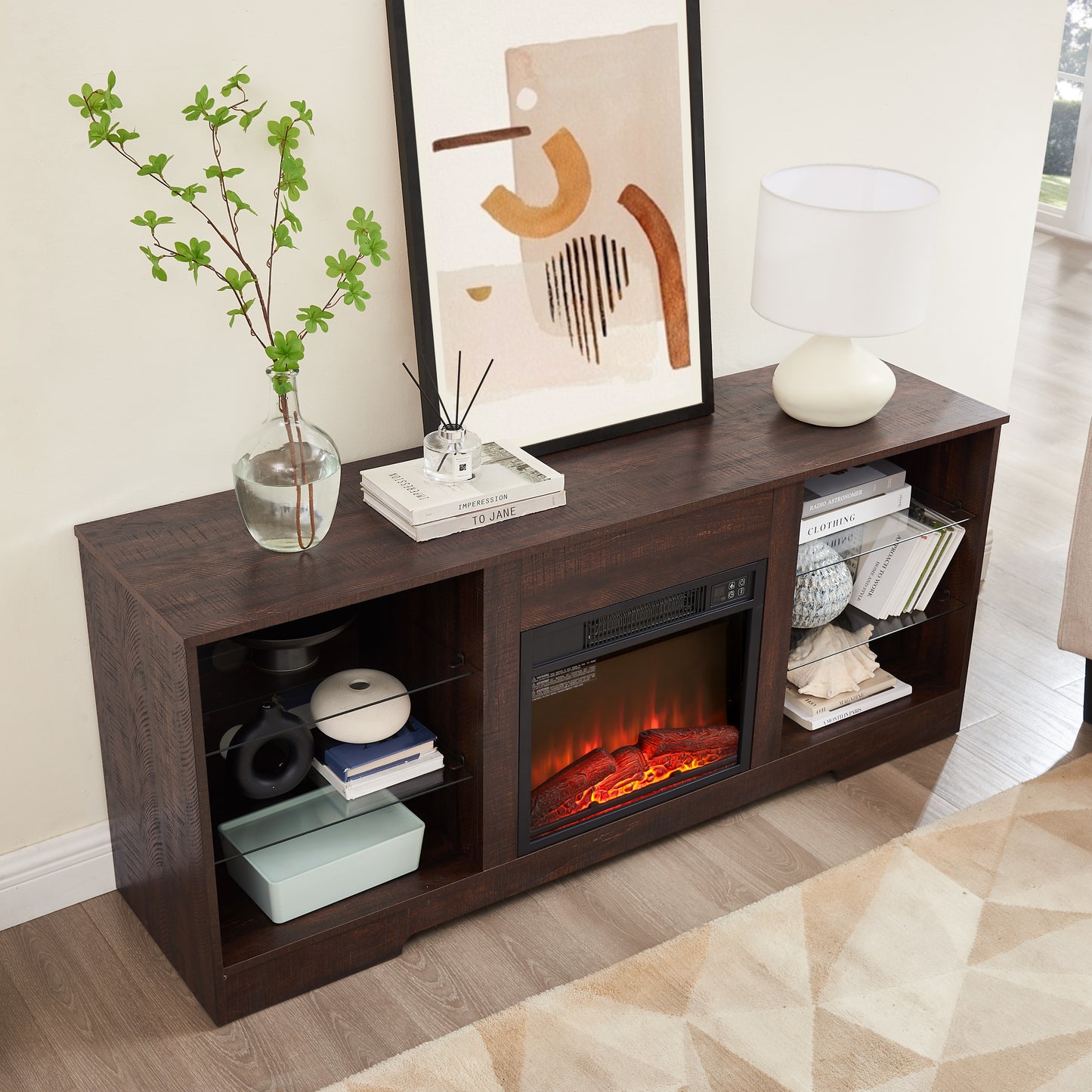 Dark wood entertainment center with electric fireplace and media storage for modern living rooms