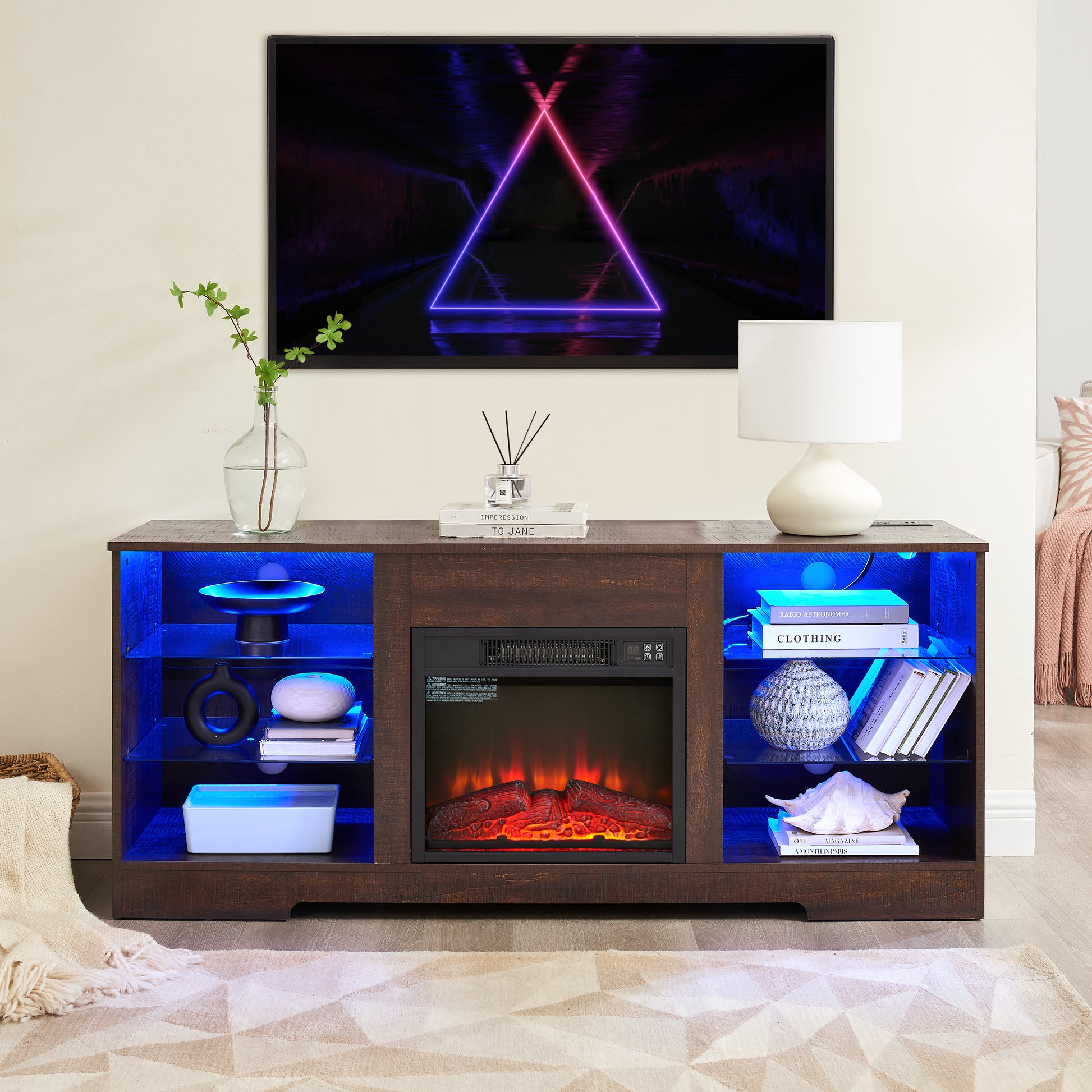 Dark wood media console with electric fireplace and blue LED lighting