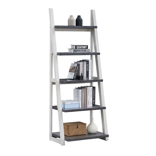 Modern ladder bookshelf with white frame and gray shelves displaying decorative items