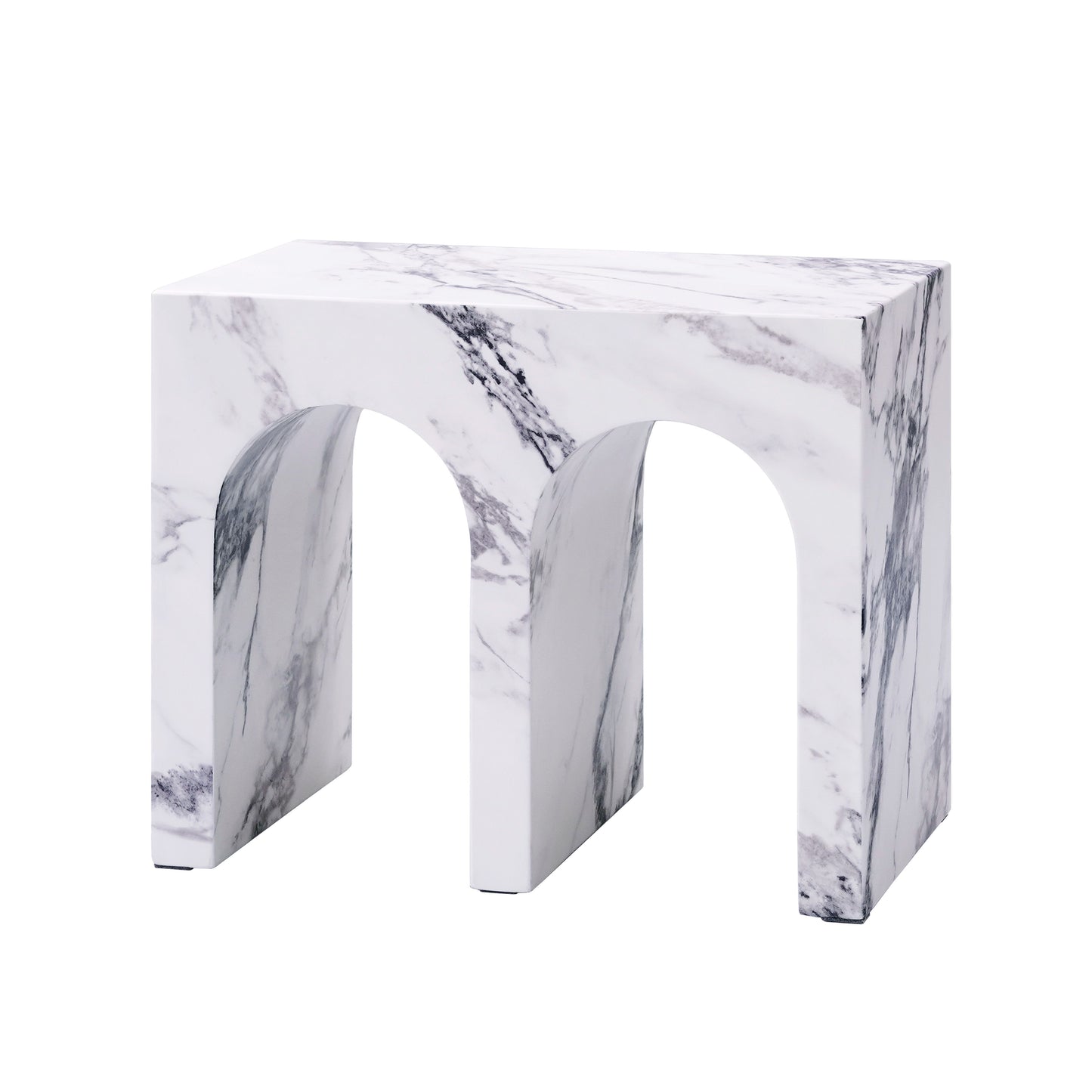 Modern faux marble accent stool with arched legs and unique veining patterns