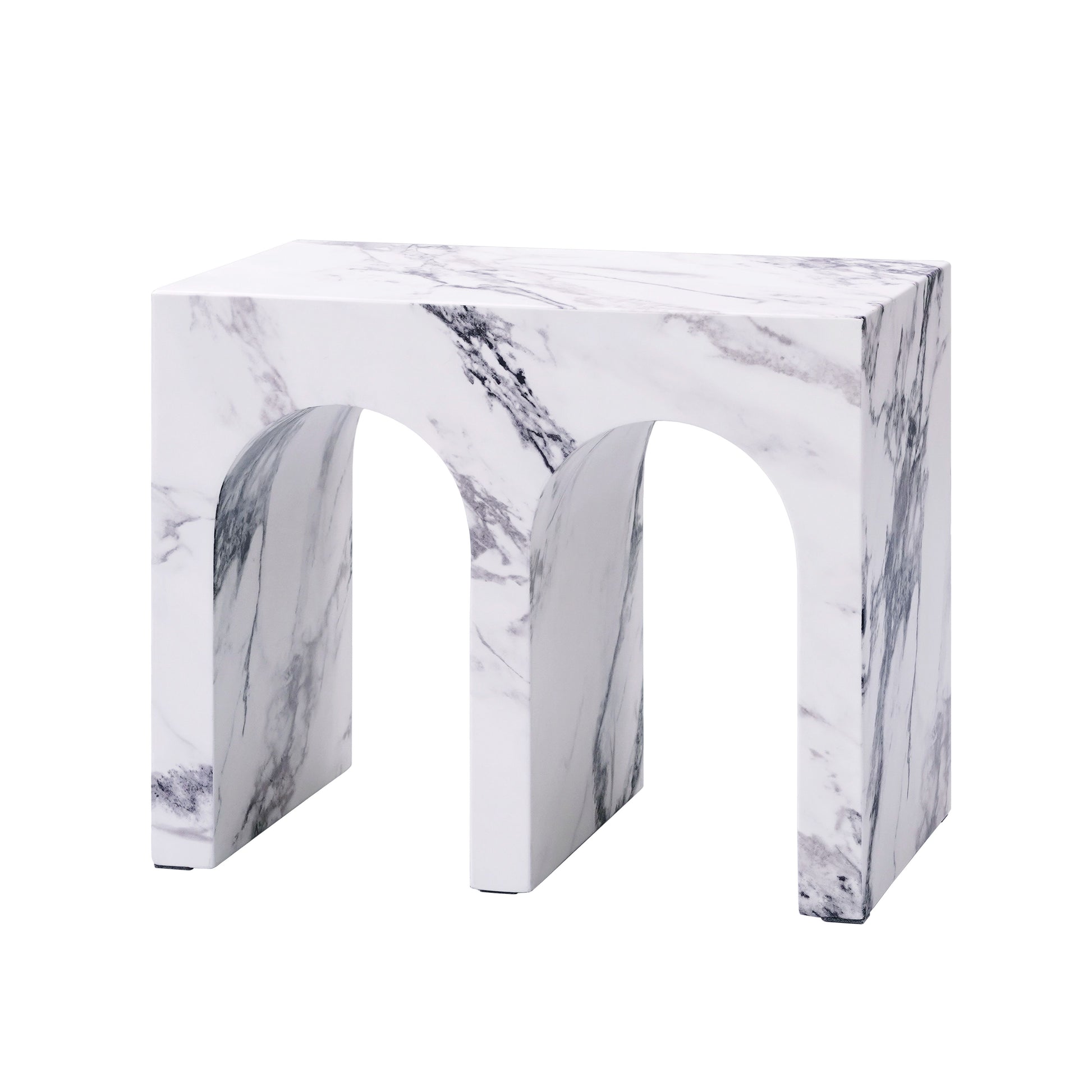 Modern faux marble accent stool with arched legs and unique veining patterns