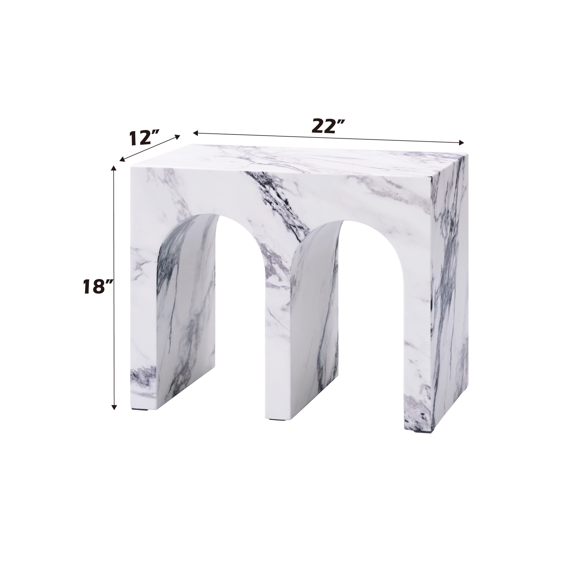 White marble end table with dual arched openings and modern design  H x  W x  D