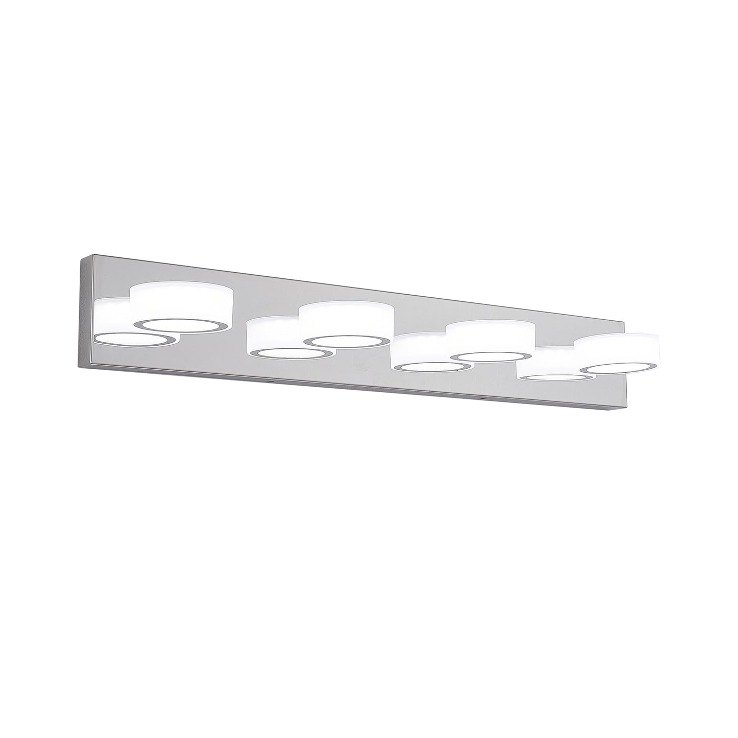 Modern light vanity fixture with chrome finish and white cylinder shades