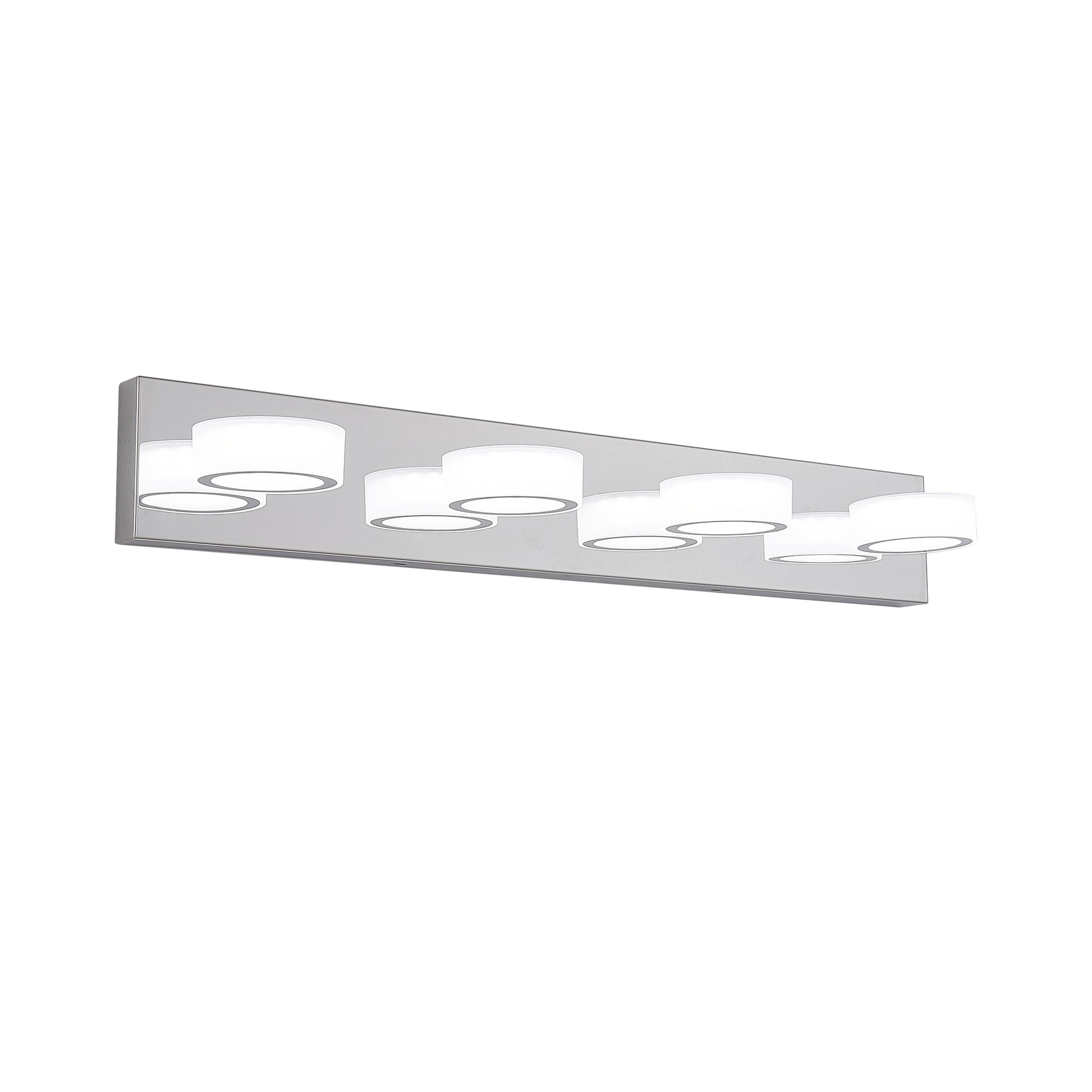 Modern light vanity fixture with chrome finish and white cylinder shades
