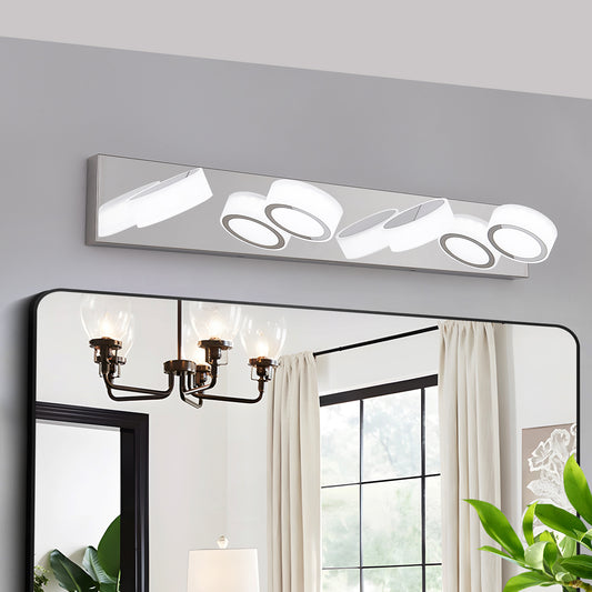 Modern chrome vanity light with five frosted glass cylinder shades