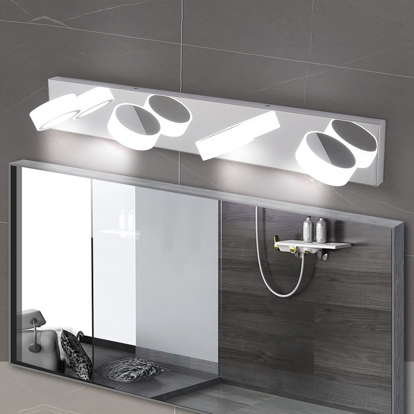Modern LED vanity light with adjustable circular and rectangular frosted glass shades cm length