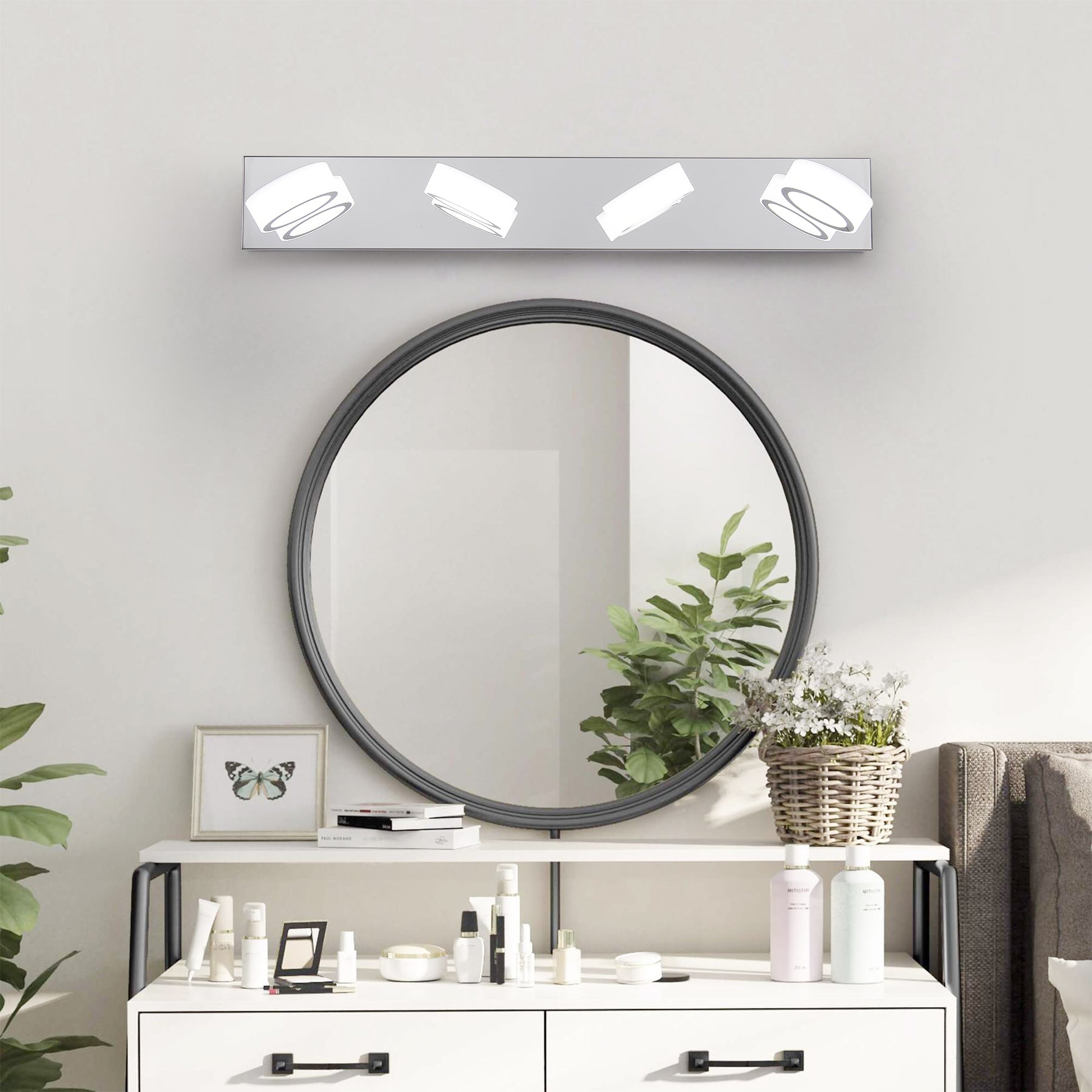 Fourlight modern vanity light bar with adjustable white cylinder heads and chrome finish