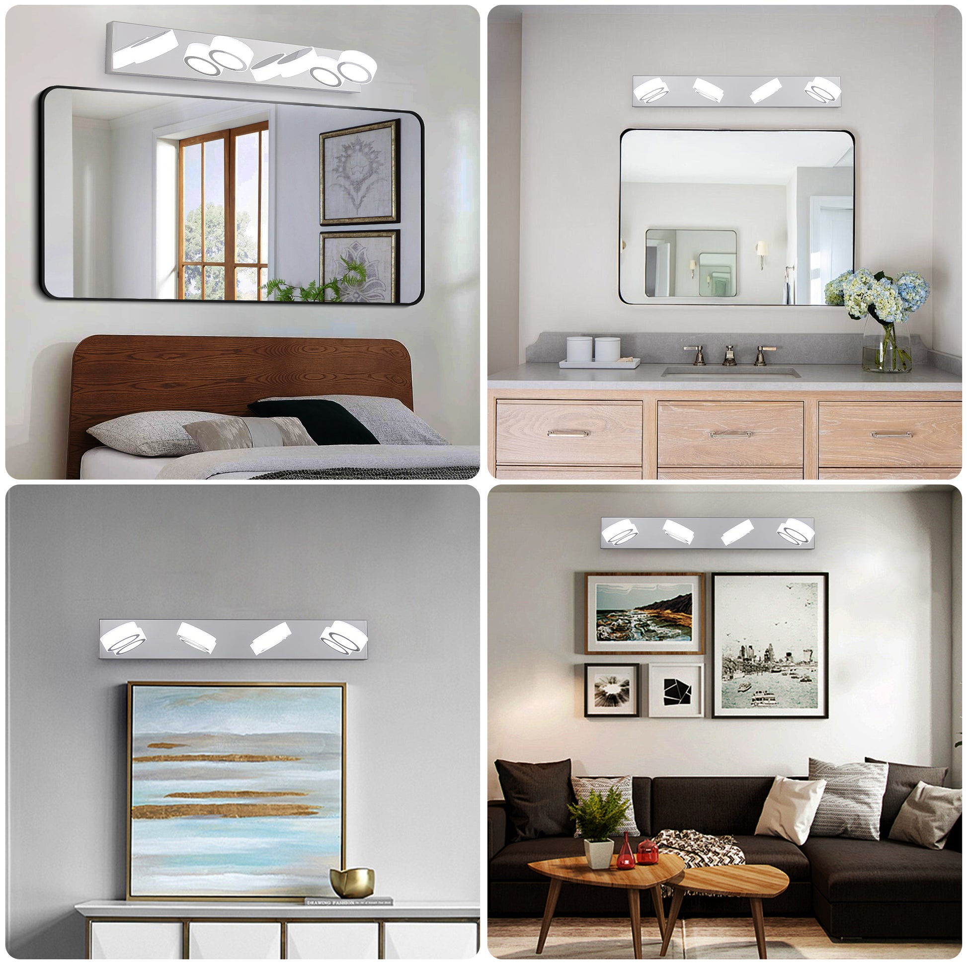 Modern chrome vanity light with three adjustable spotlights above a blackframed mirror