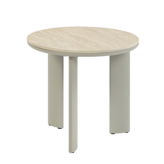 Round travertine top accent table with minimalist grey metal legs