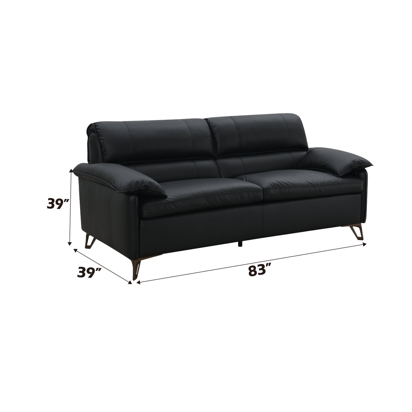 Black leather sofa with modern metal legs  inches wide perfect for living rooms