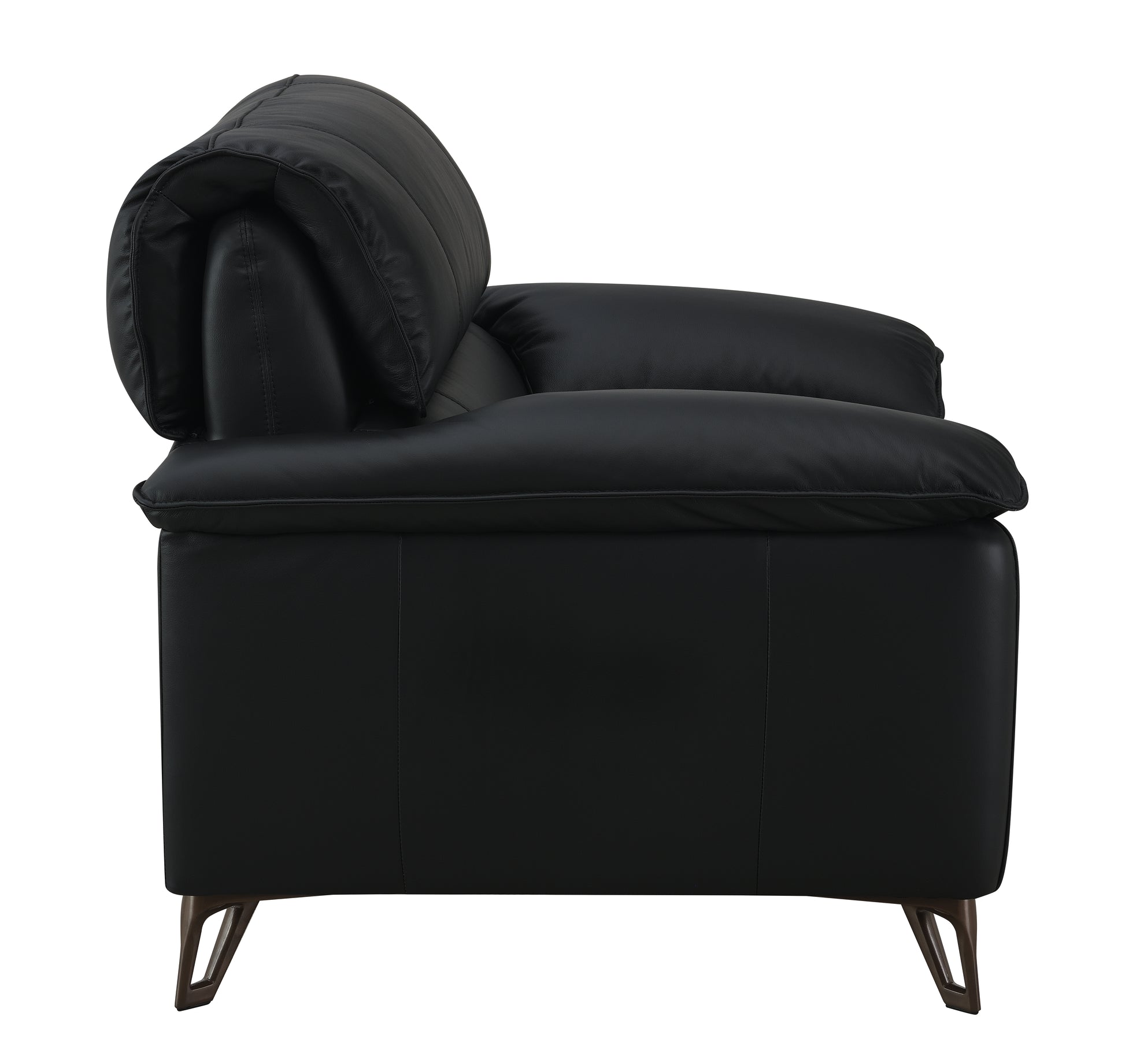 Black leather armchair with tufted back and modern bronze legs
