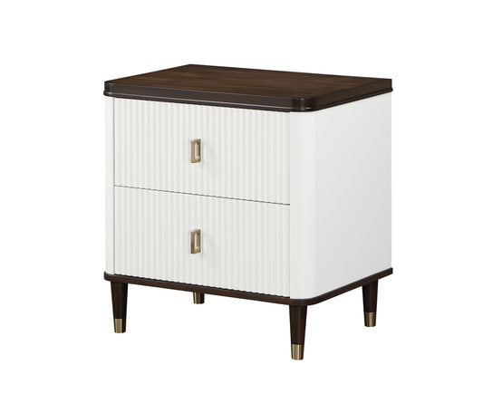 White fluted drawer nightstand with dark wood top and gold accents
