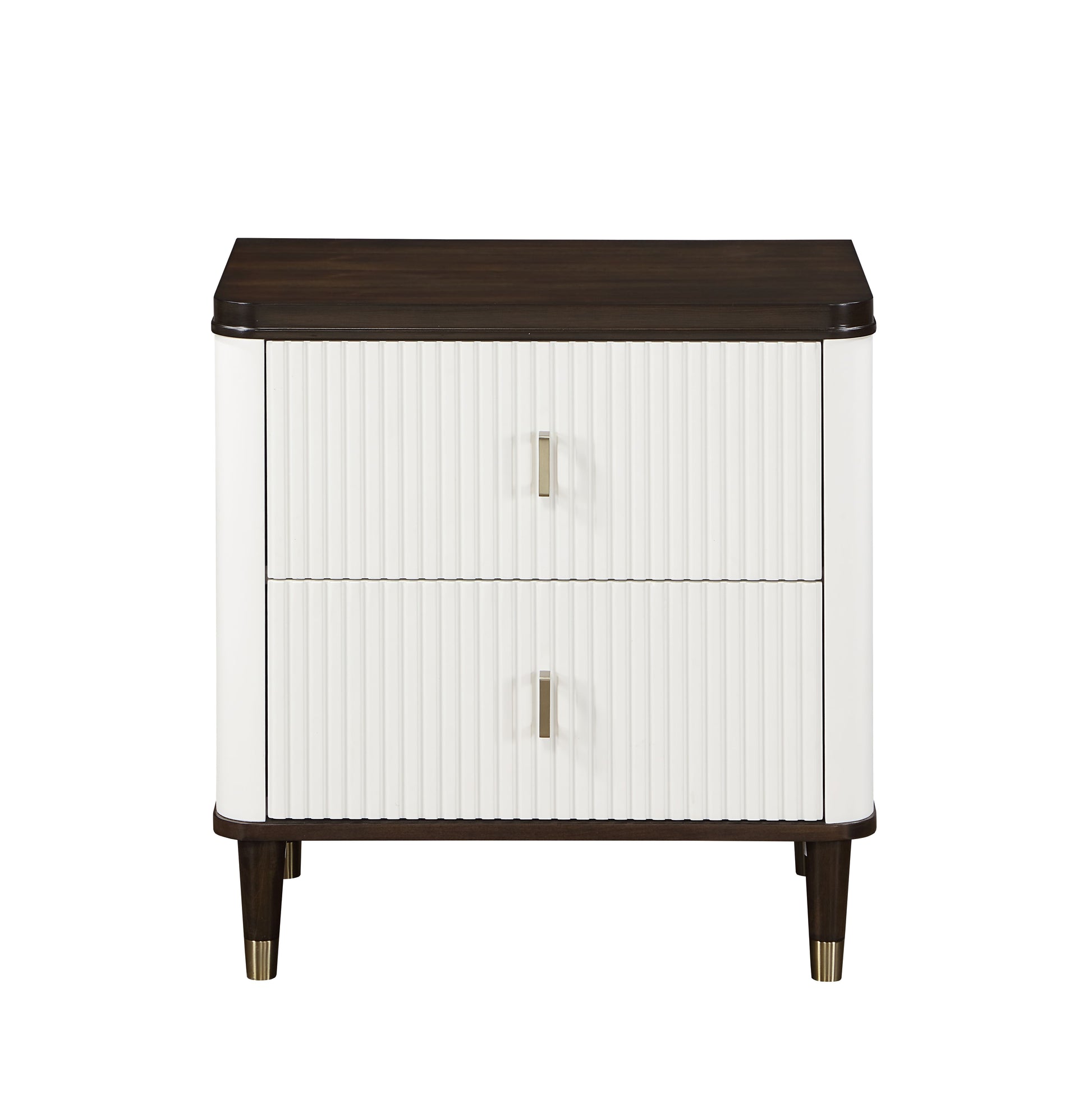White fluted drawer nightstand with dark wood top and brass accents