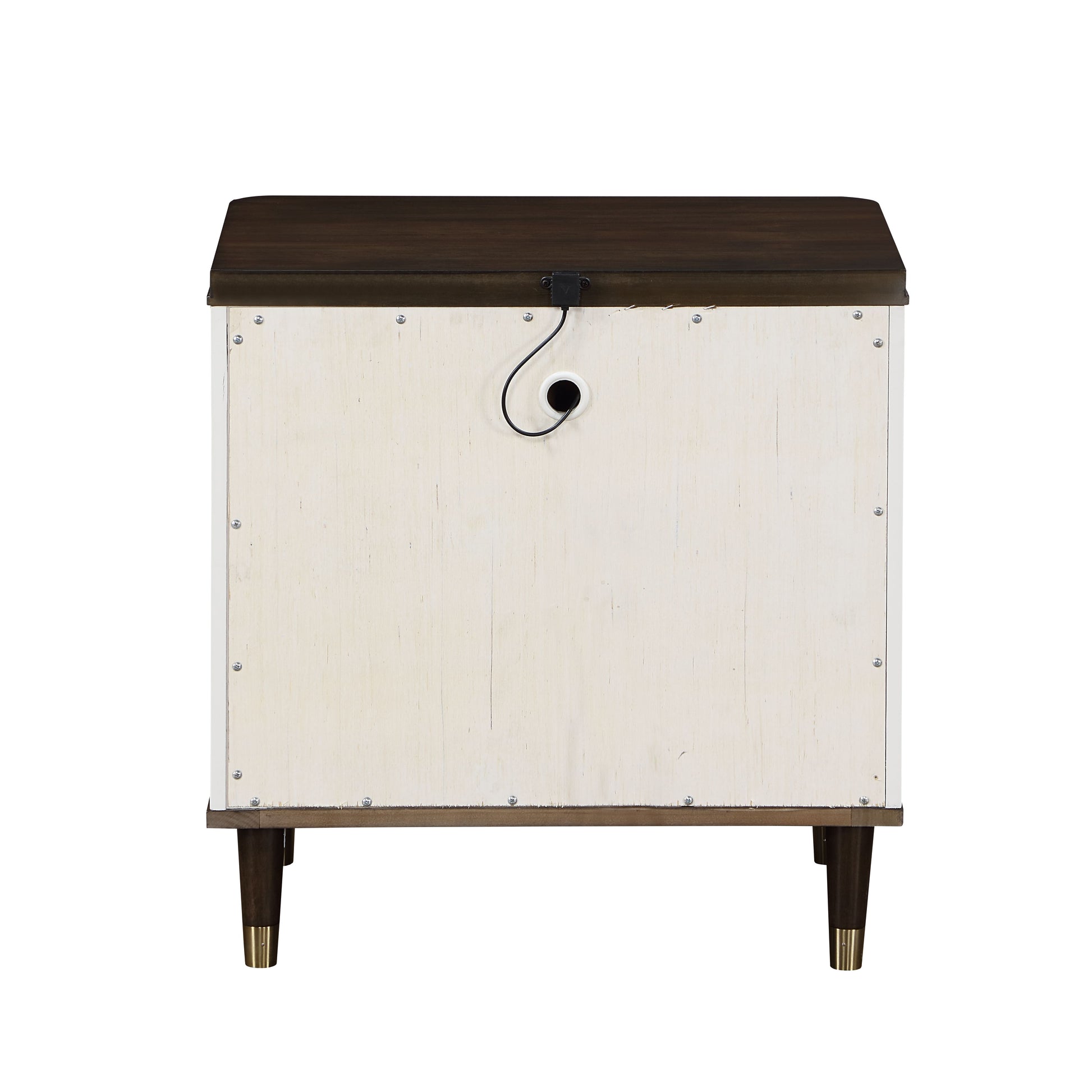 Back view of a dark wood and white nightstand with cord management hole and brasscapped tapered legs
