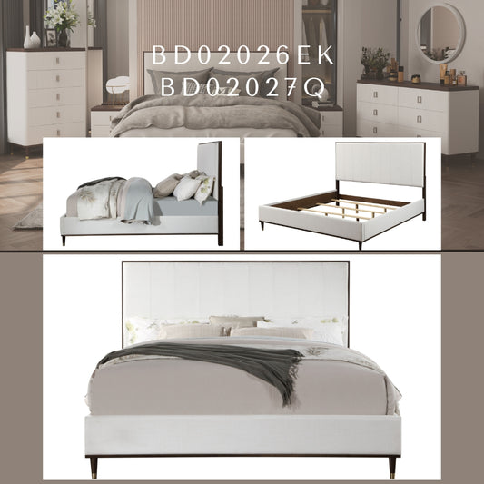 Upholstered white bed frame with a padded headboard and wooden legs