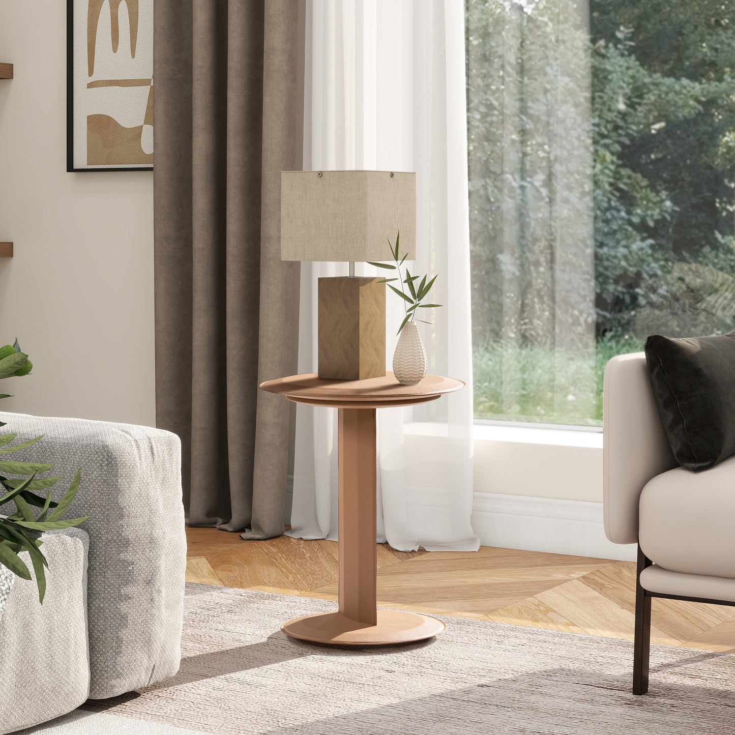 Modern side table with a warm wood finish and a sleek circular base perfect for living rooms