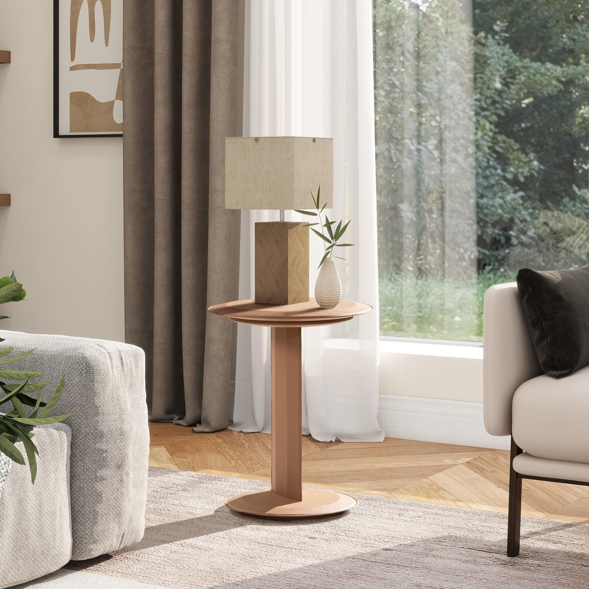 Modern side table with a warm wood finish and a sleek circular base perfect for living rooms
