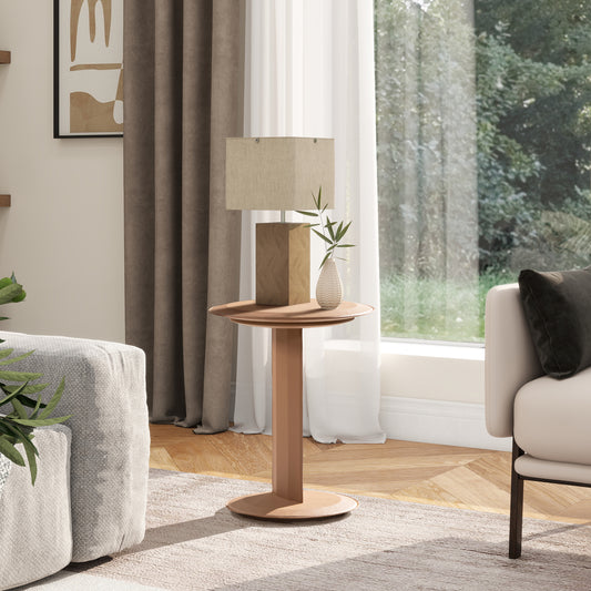 Modern side table with a warm wood finish and a sleek circular base perfect for living rooms
