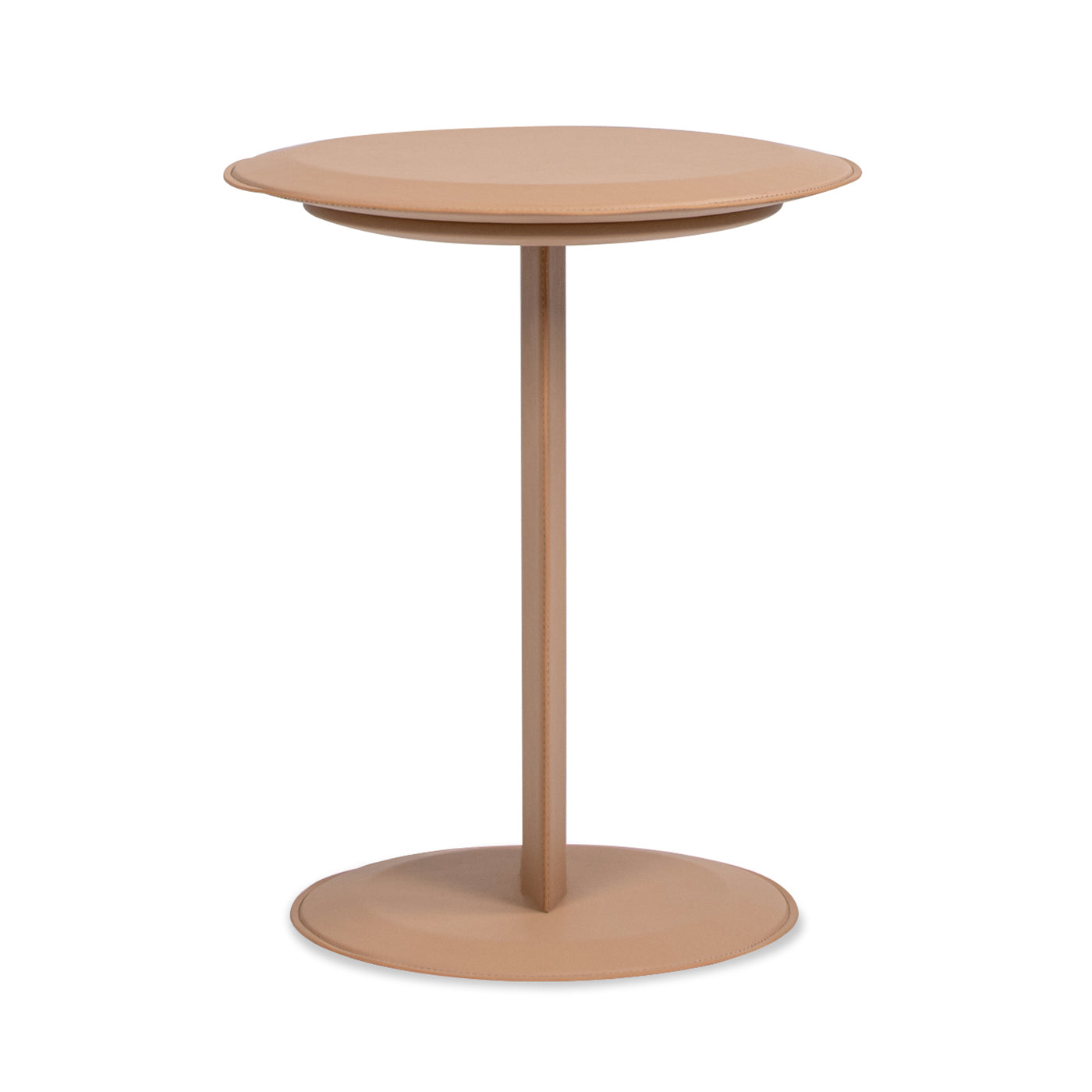 Tan leather accent side table with circular base and top