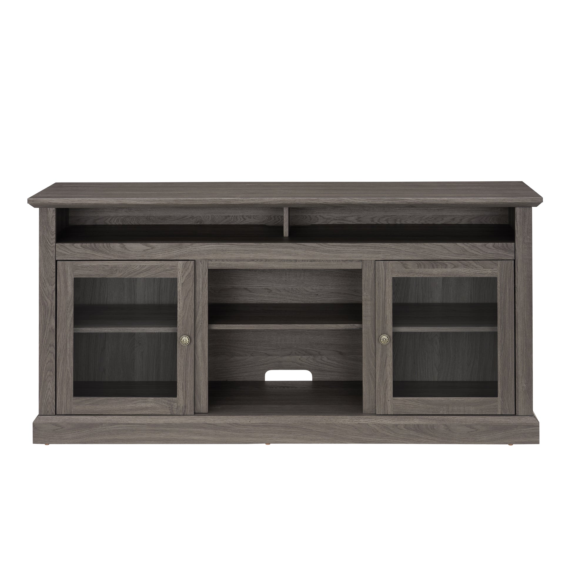 Grey oak media console with glass doors and open shelving