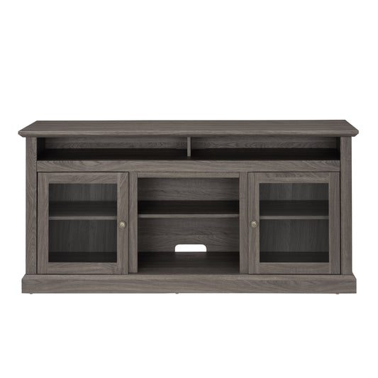 Grey oak media console with glass doors and open shelving