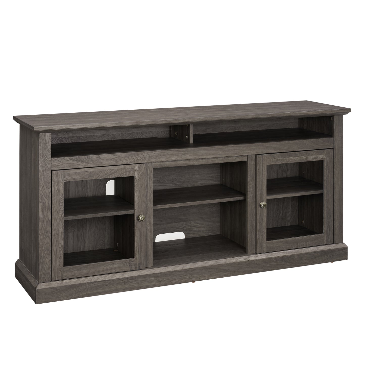 Grey wood media console with glass doors and open shelves for TV viewing