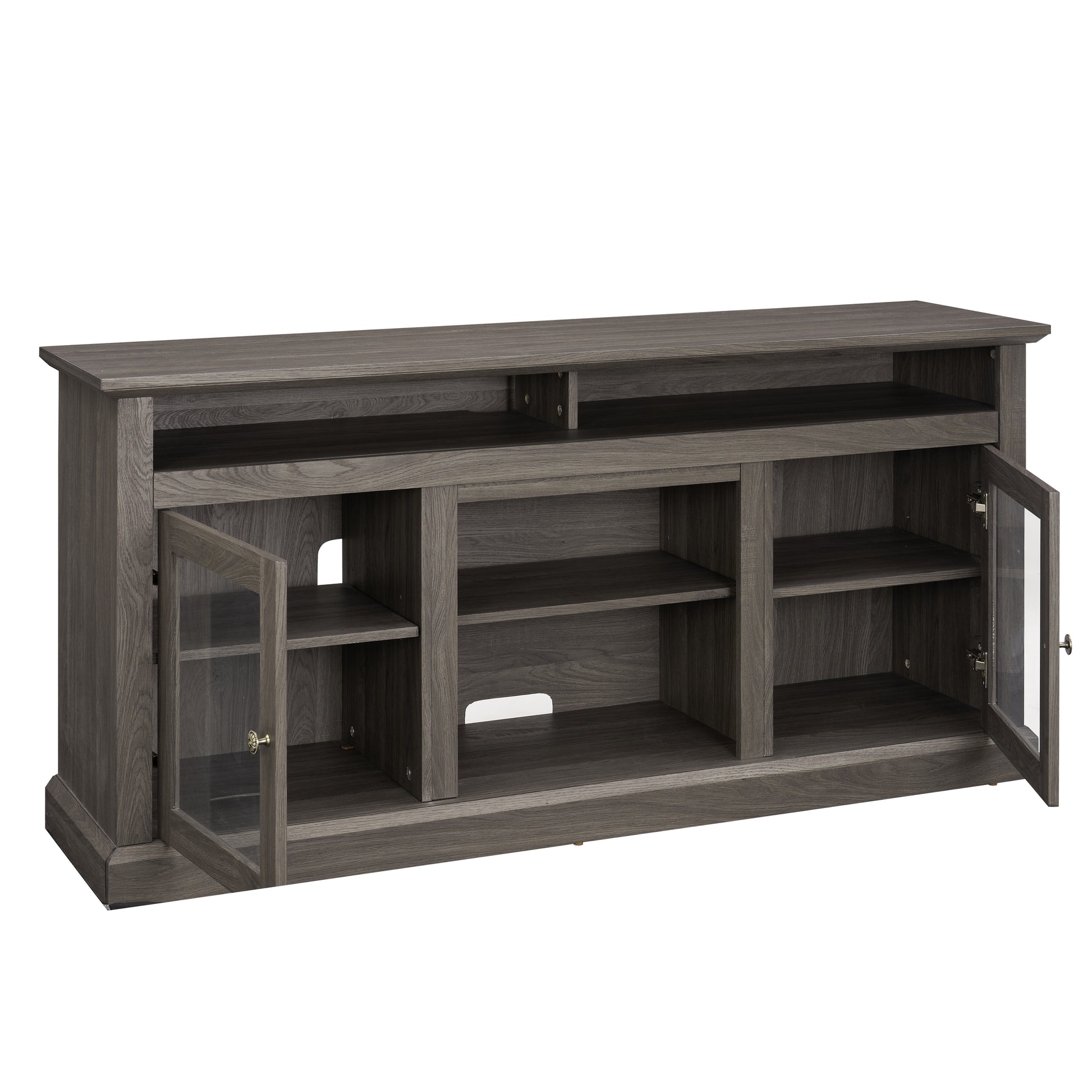 Rustic gray washed media console with two glass doors and open shelving