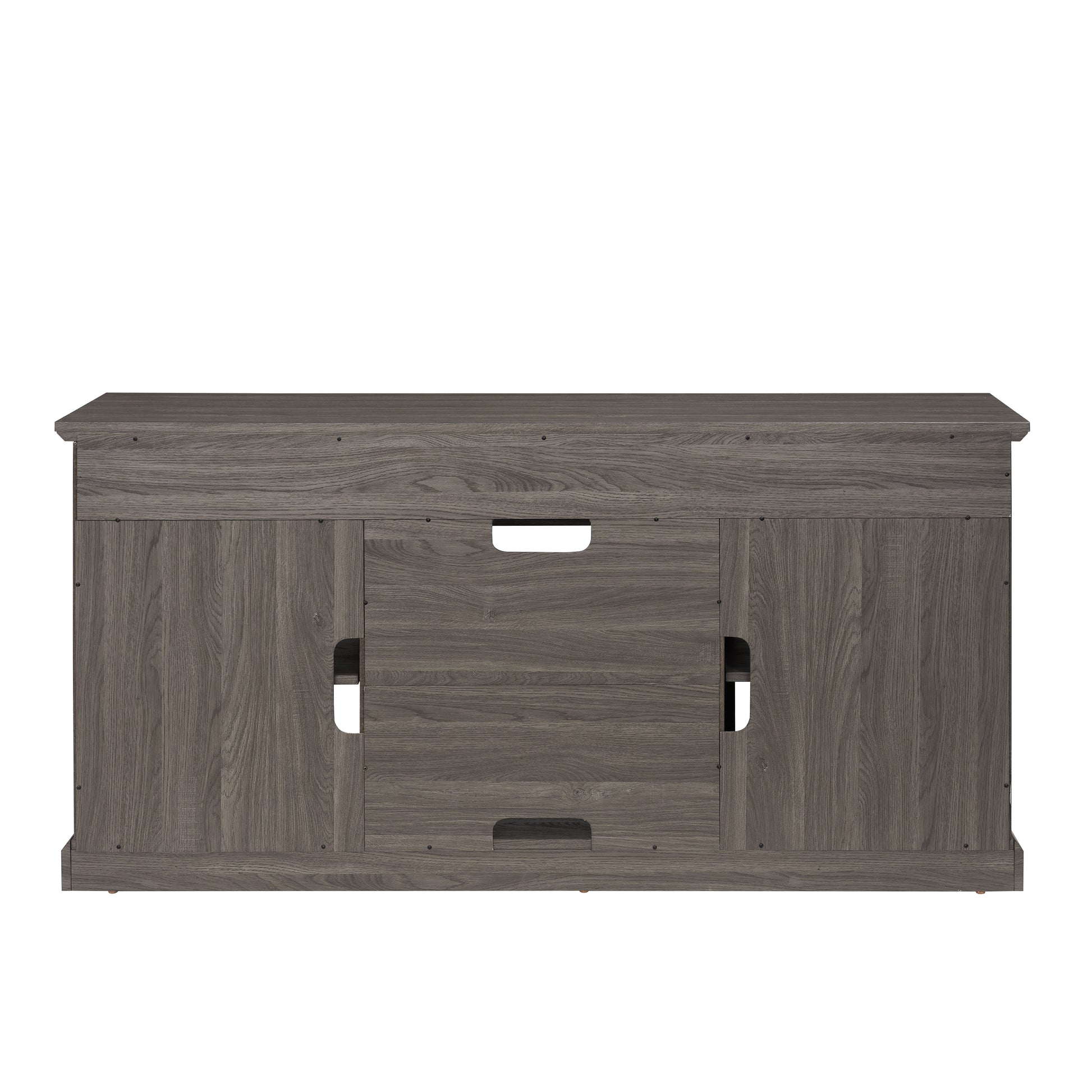 Gray wood veneer TV stand with open shelving and cable management cutouts