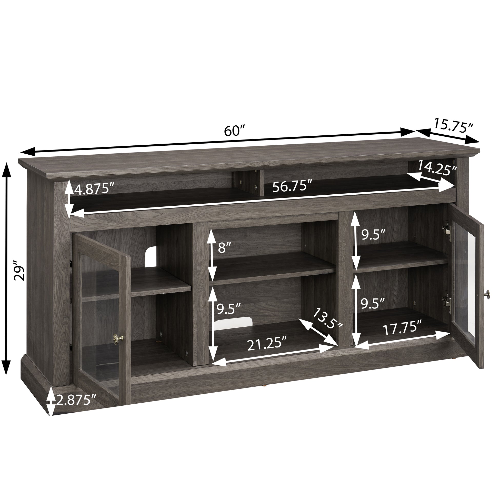 Gray wooden media console with glass doors and open shelving